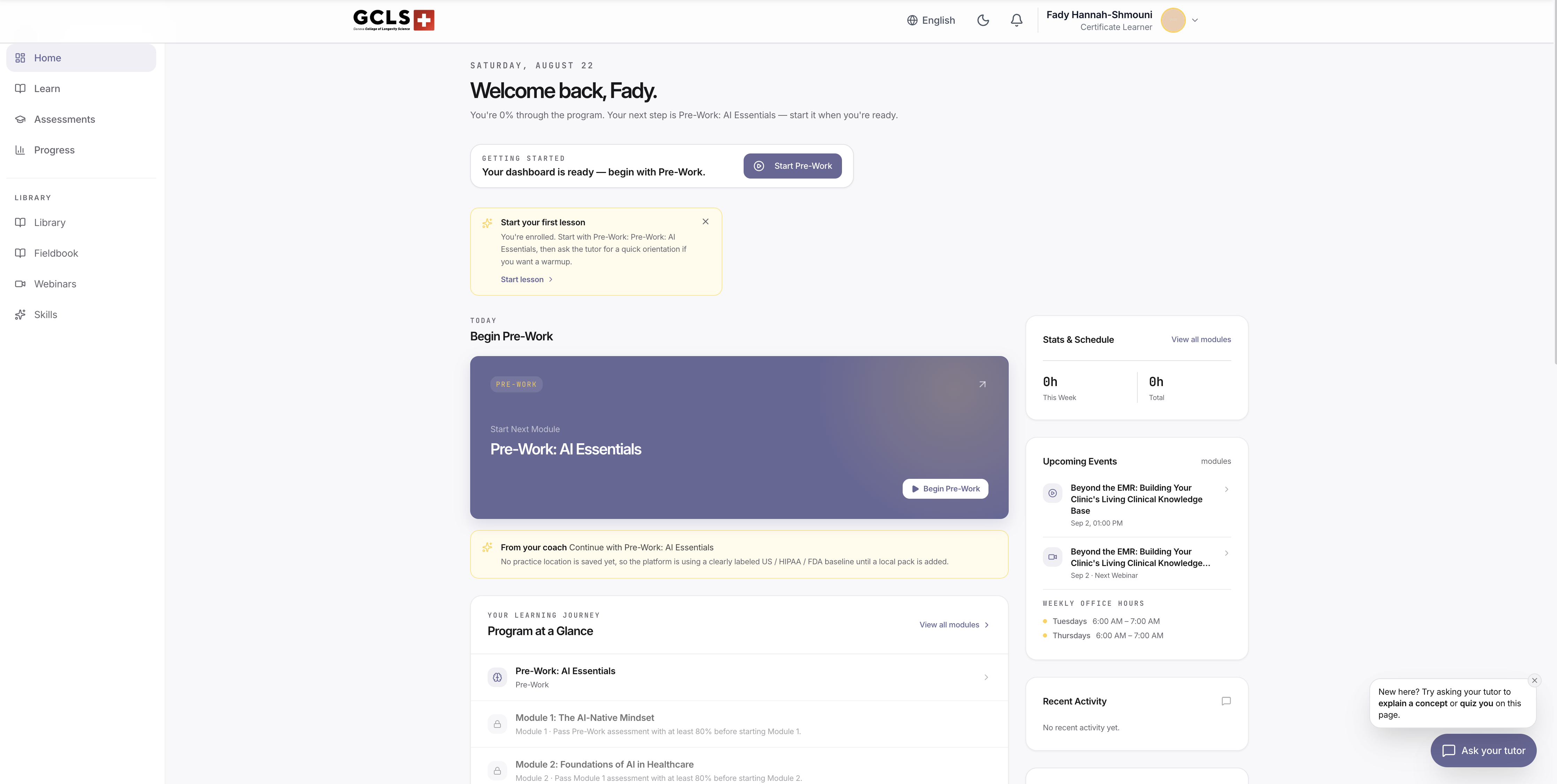 GCLS AI in Healthcare learner home dashboard