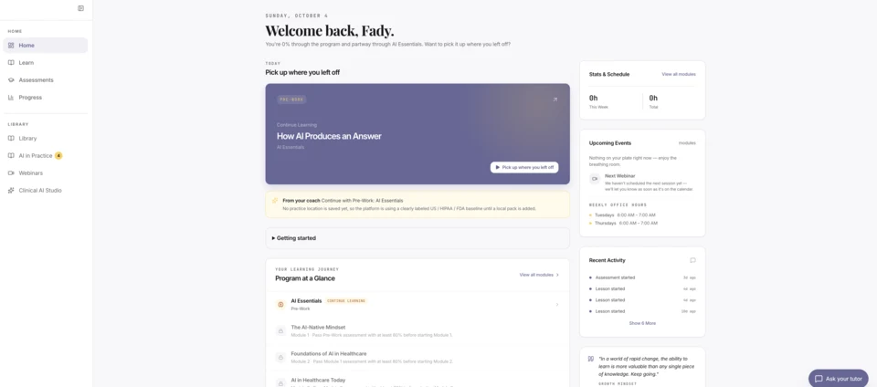 GCLS AI in Healthcare learner home dashboard